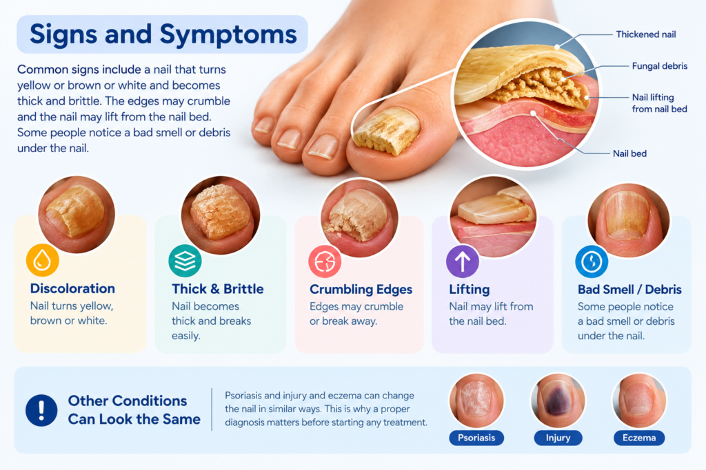 Nail fungus signs and symptoms showing yellow discoloration, thick brittle nails, crumbling edges, and nail lifting