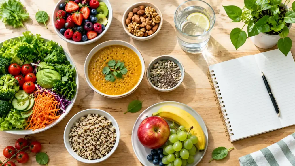 Fresh vegetables, fruits, dal, nuts and a notebook on a table for healthy eating guides