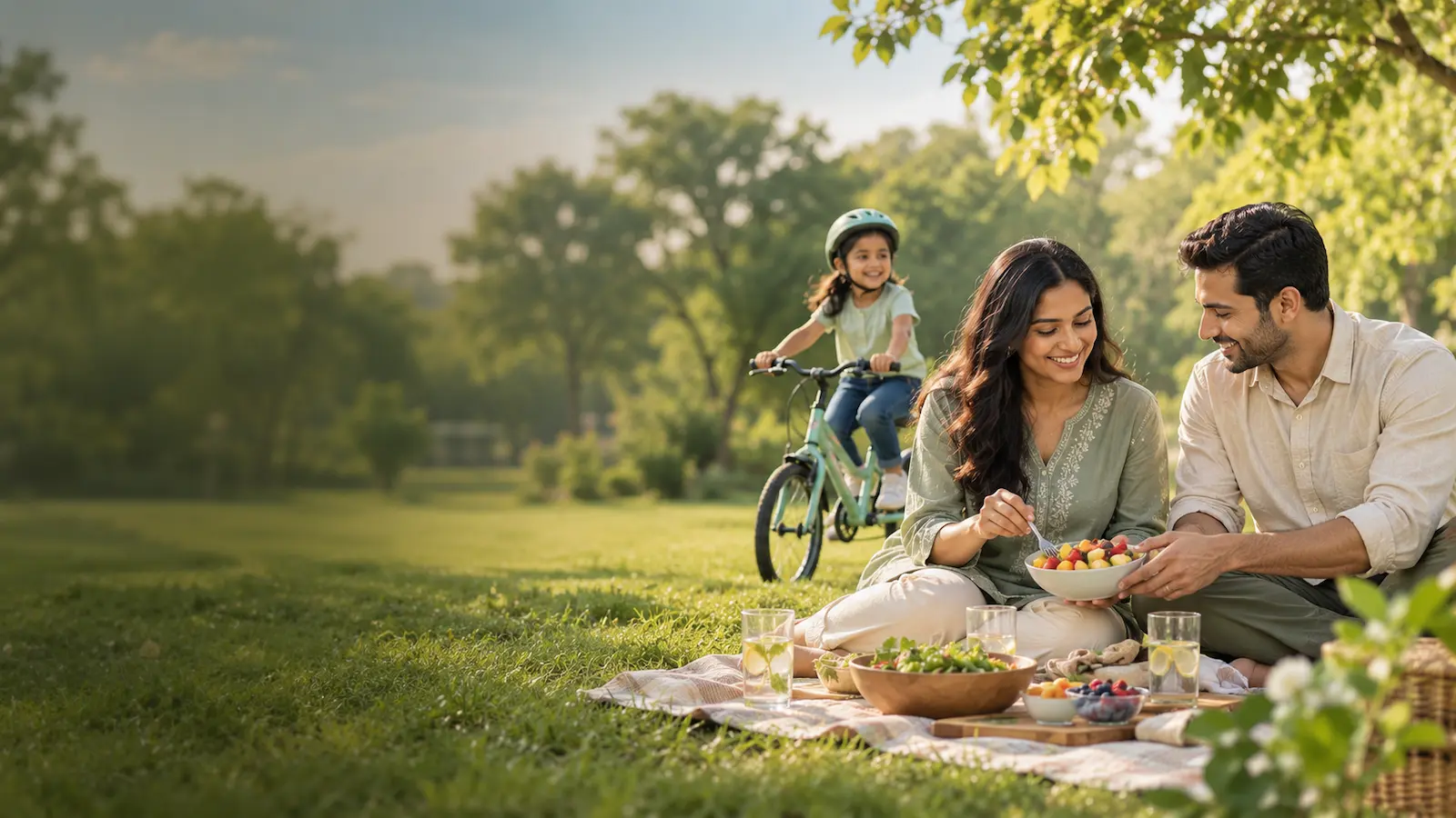 Happy family enjoying fresh fruit and a healthy meal outdoors while a child rides a bicycle, representing Nutravyntra nutrition and wellness