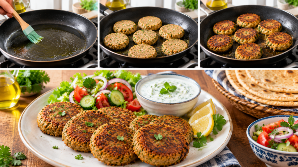 Shami kababs pan-fried in olive oil until golden brown, served with fresh salad, creamy raita, lemon wedges, and warm roti.