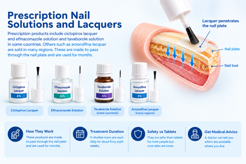 Prescription nail solutions and lacquers for nail fungus, showing ciclopirox, efinaconazole, tavaborole, and amorolfine treatments
