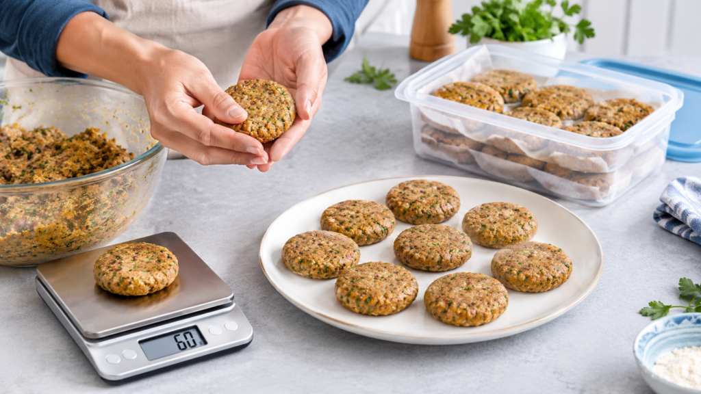 Shaped chicken and chickpea shami kababs prepared in equal portions for freezing