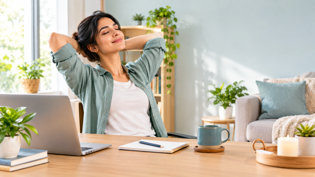 woman stretching with hands behind her head taking a calm break at her desk as a stress management technique during a work day