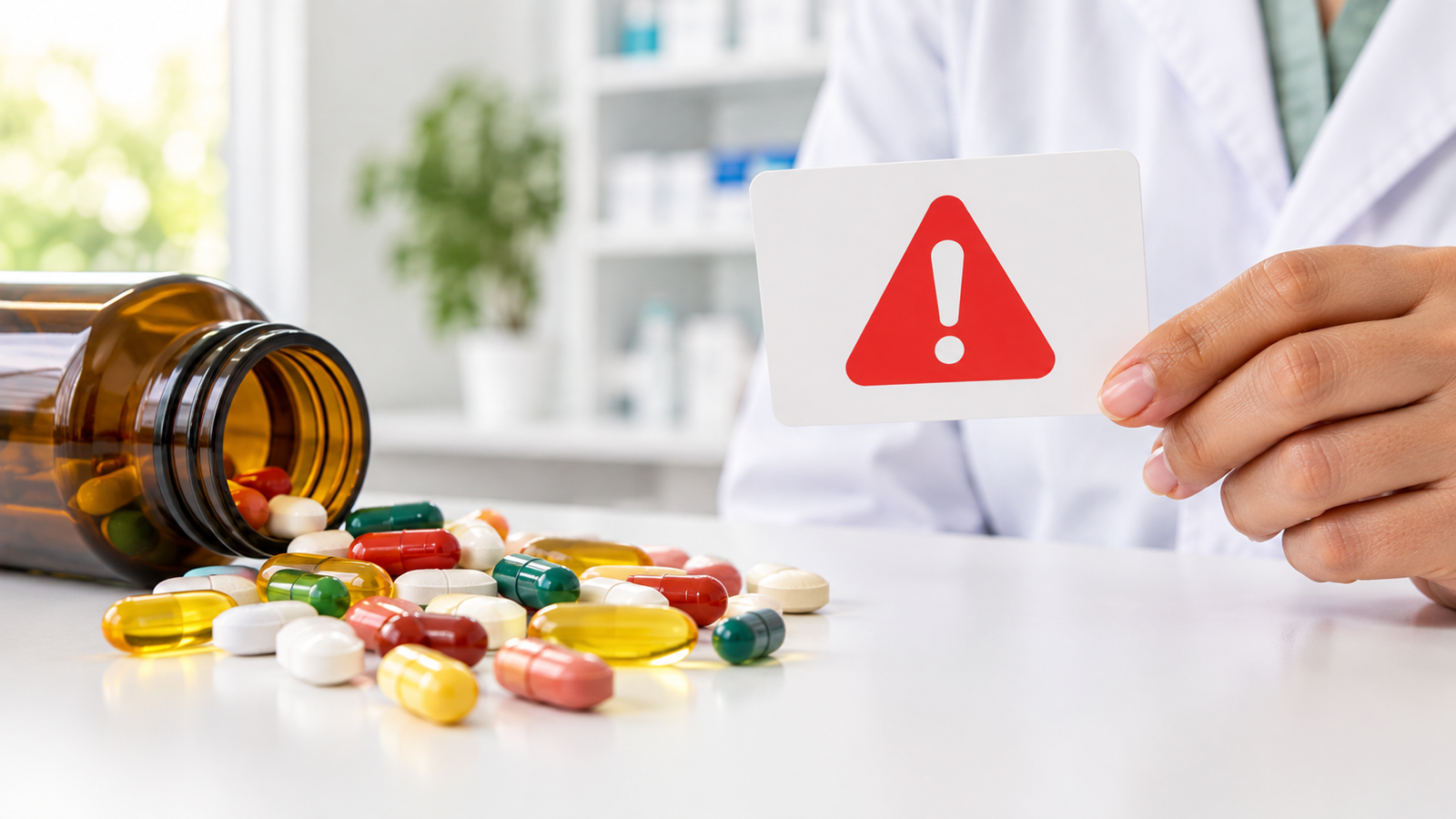 Vitamin pills and supplements spilling from a bottle with a warning sign showing supplements that may harm your health