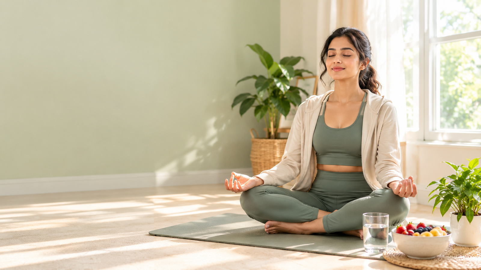 Wellness meaning in Hindi shown by a woman practicing calm breathing with fruit and water as healthy daily habits