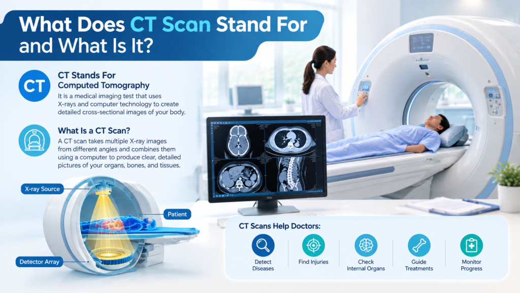 Infographic explaining what CT scan stands for with a patient in a scanner and labeled X ray source and detector array
